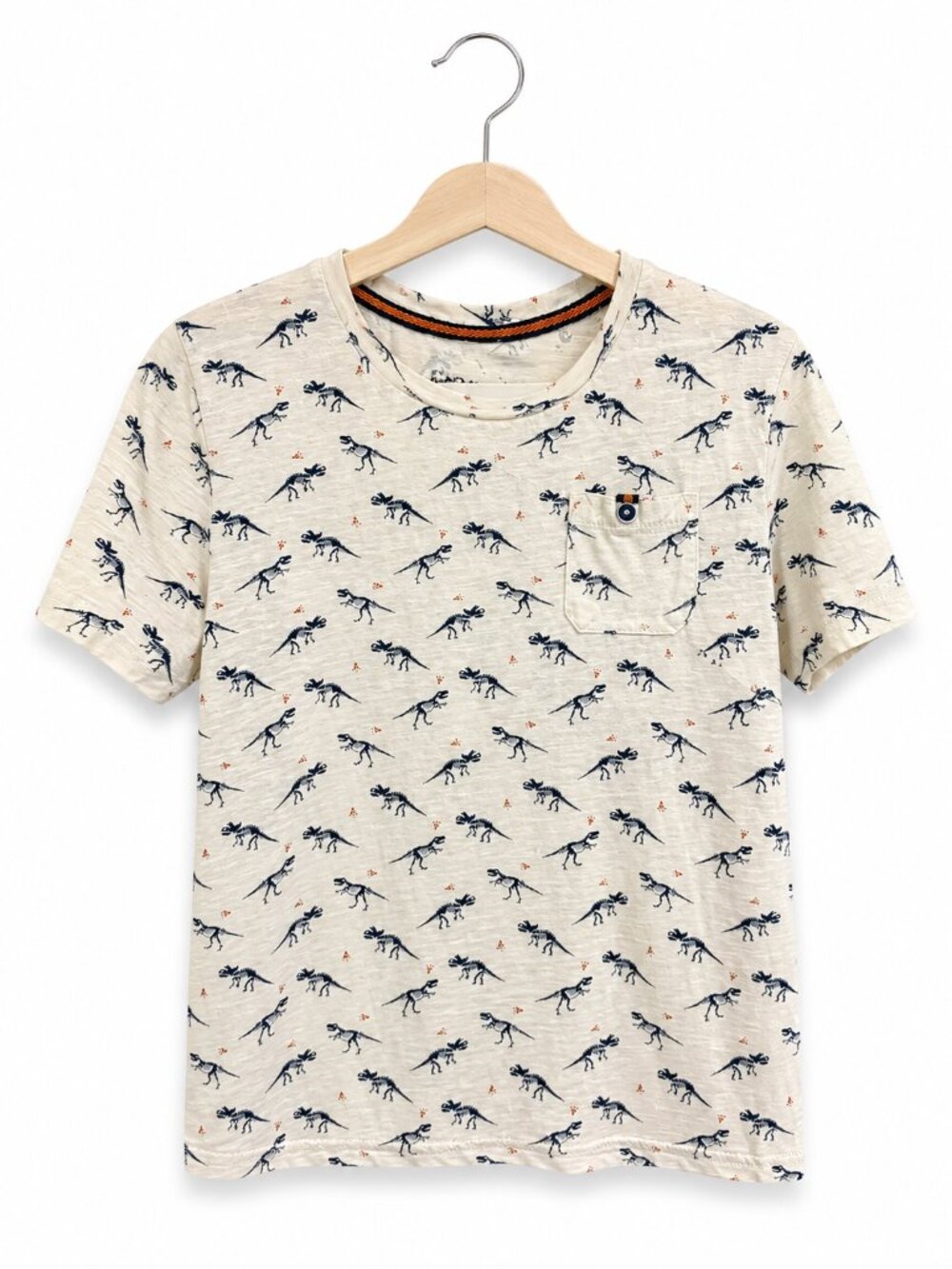 Craft+Flow Boys Dinosaur Skeleton Print Pocket Tee Oatmeal Navy Size 7